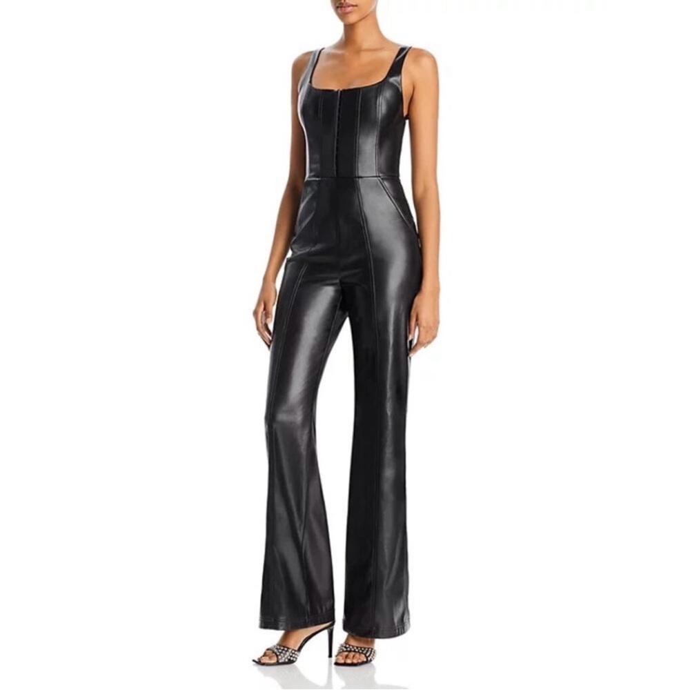 Alice + Olivia Black Faux Leather  Corset top Jumpsuit with Seamed Detail